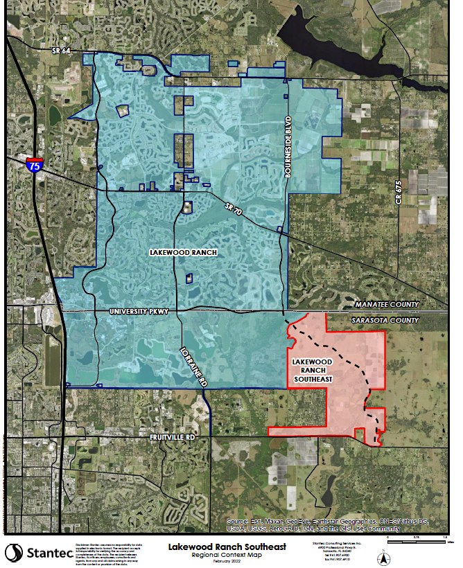 Regional context map outlining the Lakewood Ranch Southeast boundary in Sarasota County, south of University Parkway and north of Fruitville Road, relative to existing Lakewood Ranch